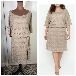 Blooming Rose Women’s Sz 2X Lace Overlay lined Taupe 1/2 sleeve Blouson Dress